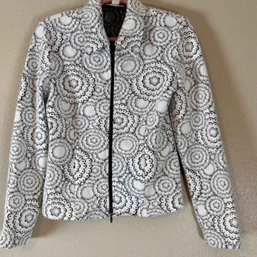 Joseph Ribkoff Floral Print Jacket Full Zip Fitted Blazer Black White 8